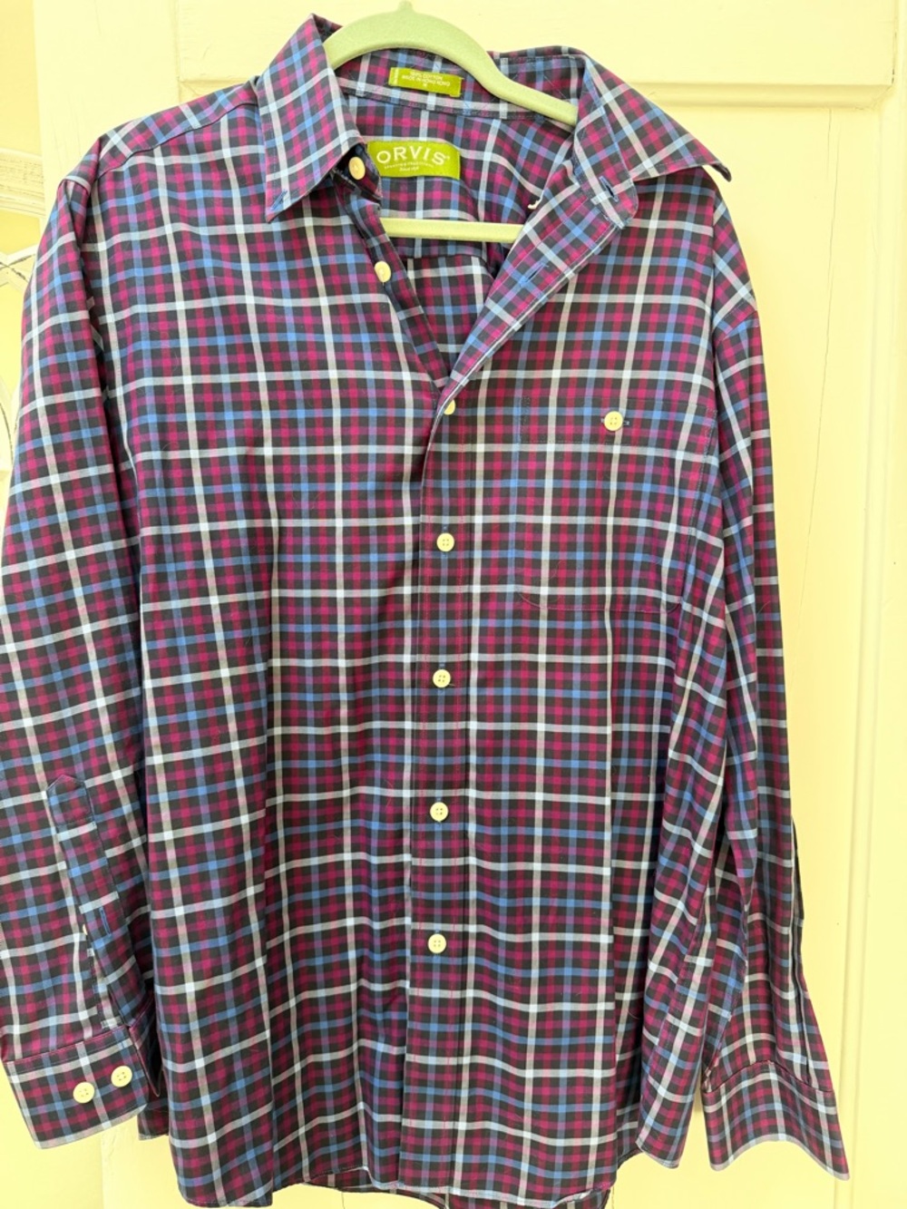 Orvis Men's Purple and Blue Plaid Button-Down Shirt